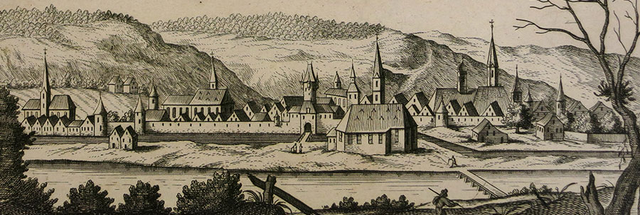 Historische Ansicht einer niederbayerischen Stadt am Fluss, Kupferstich